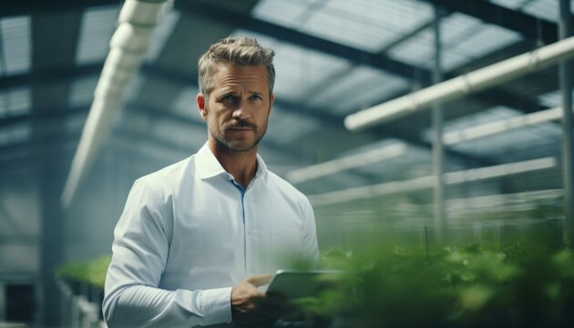 A man using a tablet in a greenhouse
