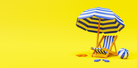 Beach chair, beach umbrella, beach ball, starfish and flip-flops on yellow background. 3d rendering of vacation gear