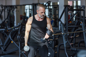 Strong mature man doing exercise with dumbbells in gym
