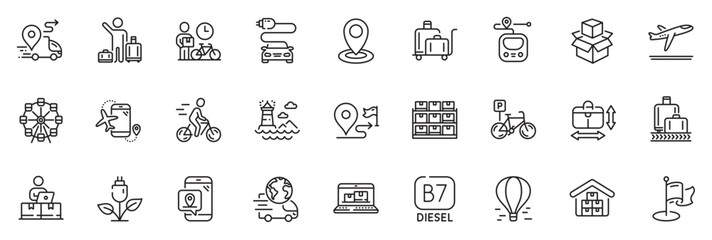 Obraz na płótnie Canvas Icons pack as Ferris wheel, Online storage and Airport transfer line icons for app include Baggage reclaim, Air balloon, Delivery outline thin icon web set. Web inventory. Vector