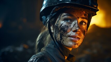 Fototapeta premium A woman wearing a hard hat with black face paint