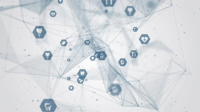 Dental medical animation of blue icons in hexagons with plexus lines on a white background with particles. Looped motion graphics.
