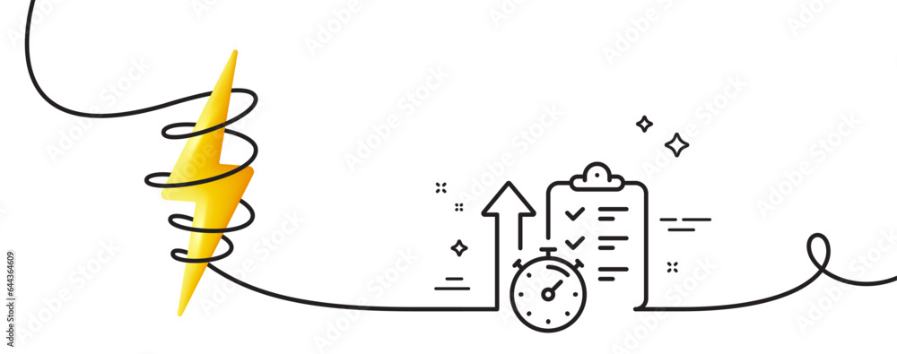 Poster timer line icon. continuous one line with curl. stopwatch time results sign. report checklist with c