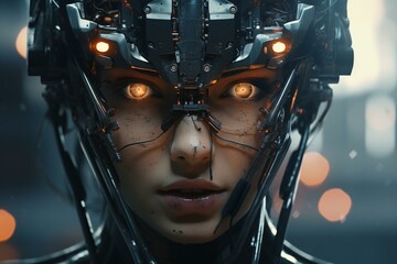 A woman with glowing eyes and a robot head