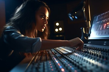 Obraz na płótnie Canvas A woman working on a sound board in a recording studio