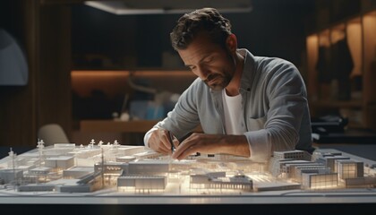A man with a model city on a table - obrazy, fototapety, plakaty