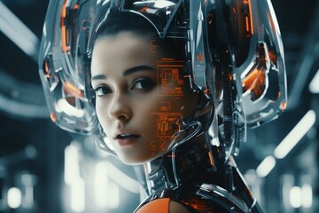 A woman wearing a futuristic suit in a sci-fi setting