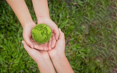 Naklejka na ściany i meble world environment day hand holding green globe on green background Environmental protection and sustainable environment Concept of cooperation to maintain a clean world