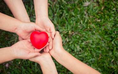 heart in hand green background Love and family insurance concepts, World Heart Day, World Health Day, foster families. Adoption. international family day