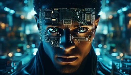 A man with a futuristic face and circuit board overlay