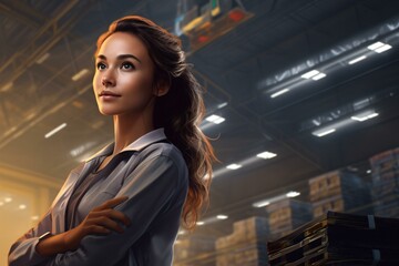 Fototapeta premium A confident woman in a warehouse with crossed arms
