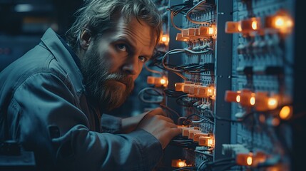 A man with a beard looking at a light switch