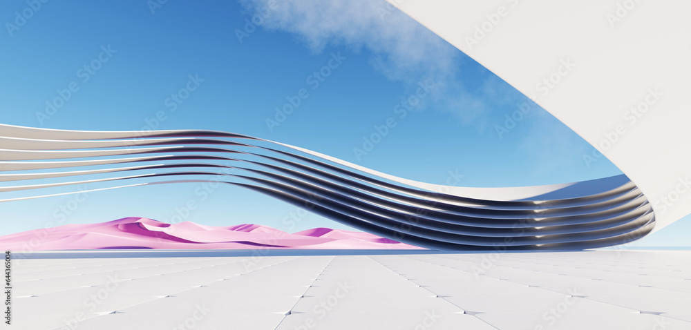 Poster 3d render, abstract surreal pastel landscape background with architecture modern building and geomet