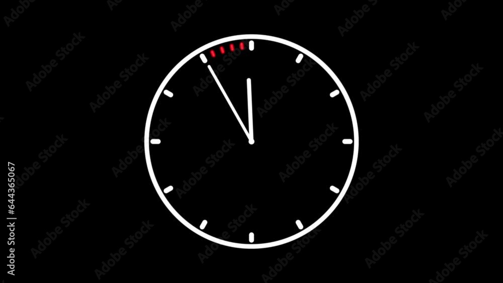 Poster timelapse of analog clock showing last 5 minutes until 12 term in black background with alpha channe