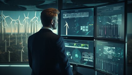 A businessman multitasking with multiple screens