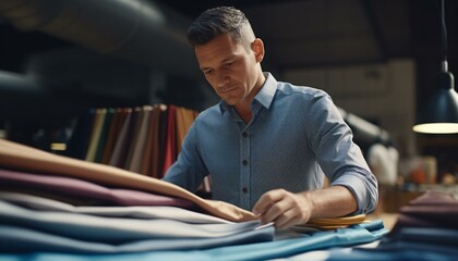 A man examining a textile piece in a blue shirt