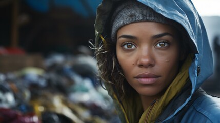 A woman wearing a blue jacket and a hoodie