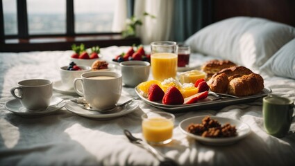 Breakfast on hotel bedroom.