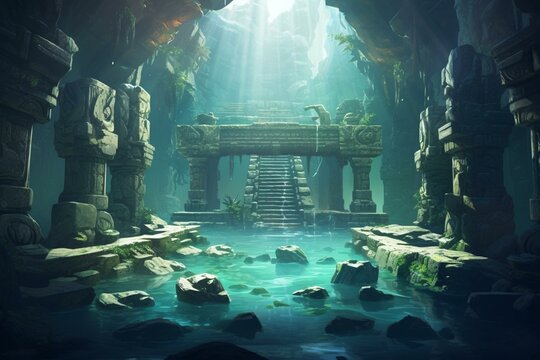 Illustration of submerged ancient city remnants and valuable artifacts, featuring radiant beams, underground chambers, and entrances. Digital art. Generative AI