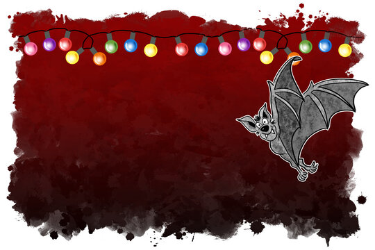 illustration of cartoon bat with black and red background, chain of lights and copy space
