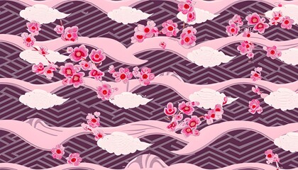 pattern of pink and purple flowers on a blue background, flower, seamless, wallpaper, texture, illustration, design, art, decoration, textile, fabric