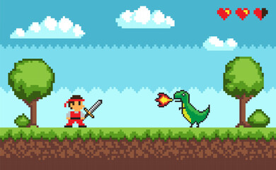 Naklejka premium Pixel art design with outdoor landscape background. Colorful pixel arcade screen with hero and dragon for game design. Banner with fight. Game design concept in retro style. Vector illustration