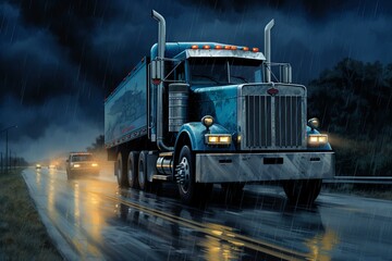 A massive blue truck with a trailer moves along a dark rain-soaked highway. Generative AI