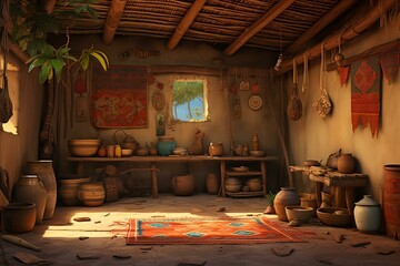 Interior of a cartoon Indian village home. Generative AI