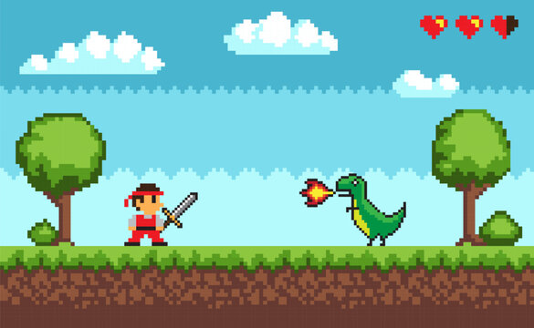 Pixel art design with outdoor landscape background. Colorful pixel arcade screen with hero and dragon for game design. Banner with fight. Game design concept in retro style. Vector illustration