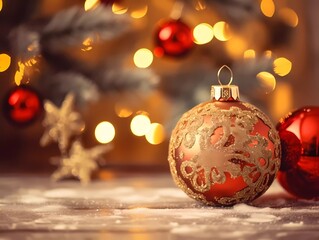 Obraz premium New year background decorations background with christmas balls and snow. Copy space new year background. Ai Generative
