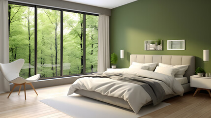 minimalist style bedroom decoration close to nature 3d rendering.