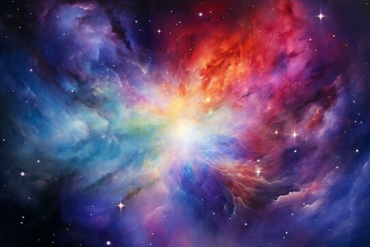 Colorful watercolor artwork depicting the birth of a star in space, accompanied by a dazzling nebula explosion. Generative AI