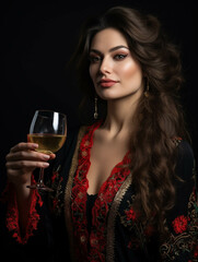 Partying woman portrait with Russian style. Isolated black background. Generative AI.