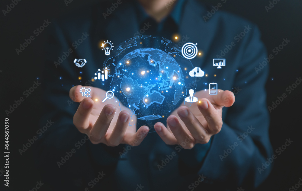 Poster touch global and icon. the application connects to the internet online. big data digital link techno