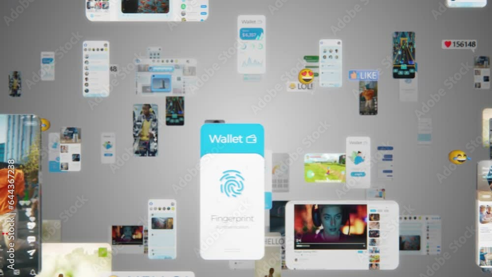 Aufkleber Animated Virtual Background with Social Networks Interconnected by Internet Into Worldwide Web. Internet of Things Concept with Videos, Avatars, Media Profiles Flowing in Online Information Space