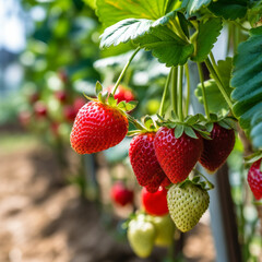 Strawberry field in summer. Ripe strawberries growing in the garden