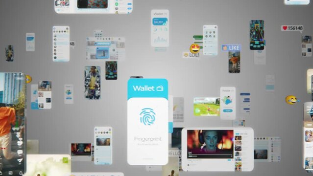 Animated Virtual Background with Social Networks Interconnected by Internet Into Worldwide Web. Internet of Things Concept with Videos, Avatars, Media Profiles Flowing in Online Information Space