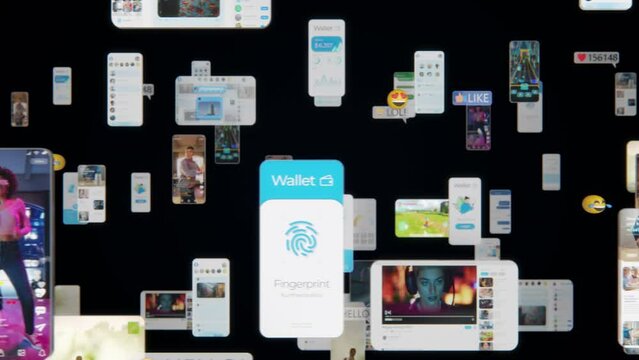 Social Network Concept with Blockchain Architecture Visualization of a Metaverse Big Data with Viral Videos, Advertising, Social Media Profiles with Influencers, Online Art and Internet Communities