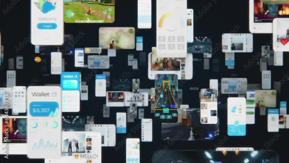 Poster Animated Infinite Zoom Out Virtual Background with Social Networks Connected Together Online. Internet of Things Concept with Videos, Avatars, Media Profiles Flowing in Technology Cyberspace