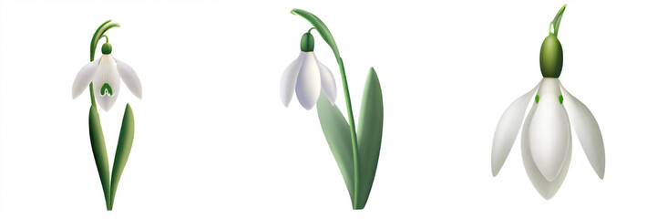 Set of Snowdrops × Galanthus Nivalis Flowers Isolated on White Background