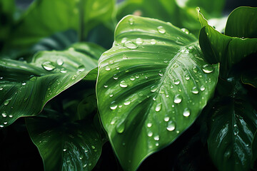 Fototapeta premium AI-generated wallpaper-like water droplets and realistic green leaves for environment and sustainability