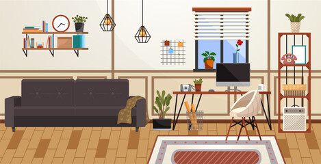 Home office interior. Vector illustration. Freelance or studying concept Workplace room, modern interior, cabinet Business workspace in room interior Workplace modern interior, home or office room