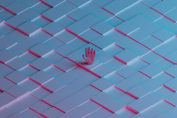 3D render of hand surrounded by gray squares