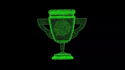 3D trophy cup on black background. Sport and Competition concept. Victory Cup. Business advertising backdrop. For title, text, presentation. 3d animation.