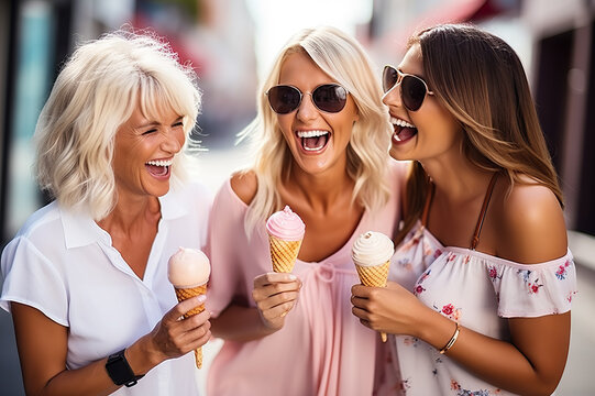 Three Joyful Female Friends Savoring Ice Cream, Laughing, and Strolling Together in the City. created with Generative AI