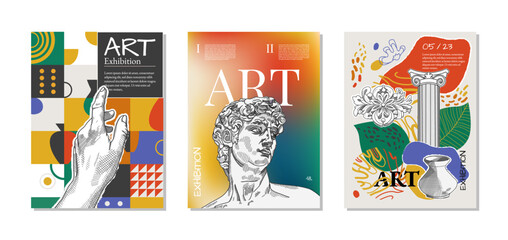 Set of 3 posters for the exhibition,  magazine or cover, vector template with sculpture art, Antique statues, geometric background. Modern ancient Greek or Roman style. Neo Nostalgia banner collection