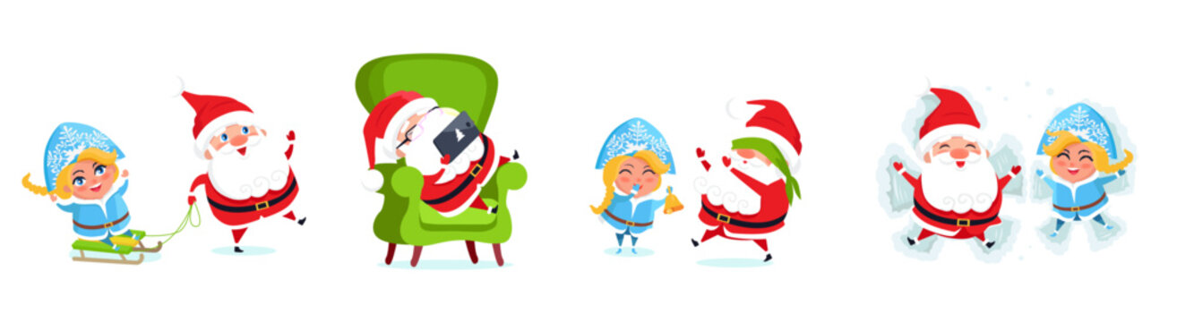 Santa Claus big Christmas and New Year set. Set of funny cartoon Santa with different emotions and situations. Happy old man funny play. Santa with elf. Christmas scenes for your festive design