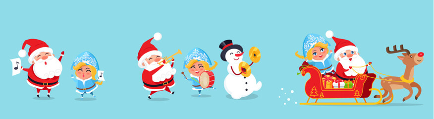 Santa Claus big Christmas and New Year set. Set of funny cartoon Santa with different emotions and situations. Happy old man and snowman. Santa with elf. Christmas scenes for your festive design