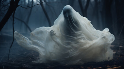Scary ghost in the dark forest. Halloween concept