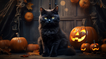 Black cat sitting in front of Halloween pumpkins. Halloween background.